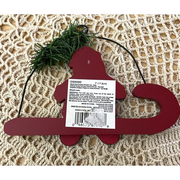 Santa Claus Riding Candy Cane Wooden Christmas Ornament 7" Vintage Decor - Picture 2 of 2